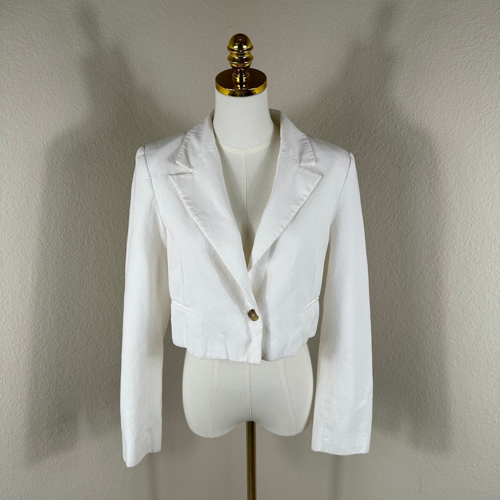 Zara Cropped Blazer Women Size S White Linen Blend Minimalist Chic